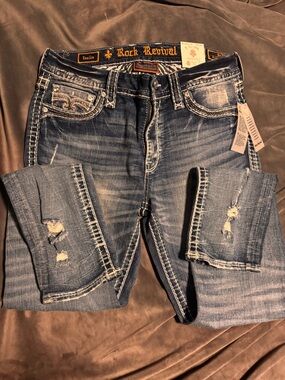 Rock Revival Distressed Medium Blue Women's Jeans with White Stitching